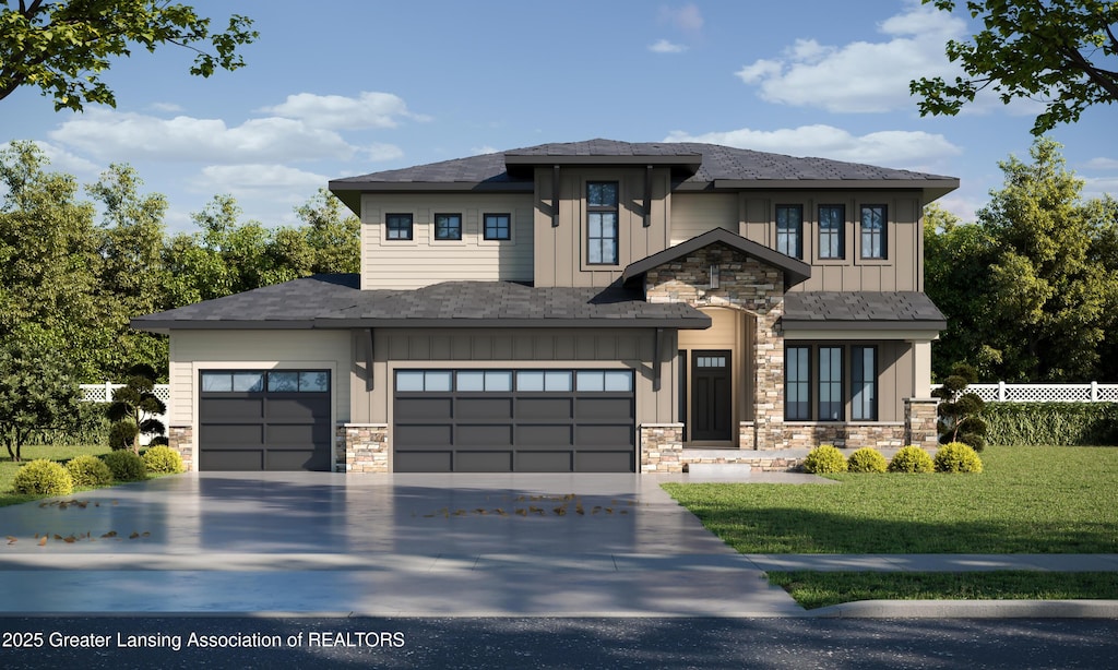 6120 Fresno Ln, East Lansing, MI 48823 - prairie-style home with stone siding, concrete driveway, a garage, board and batten siding, and roof with shingles