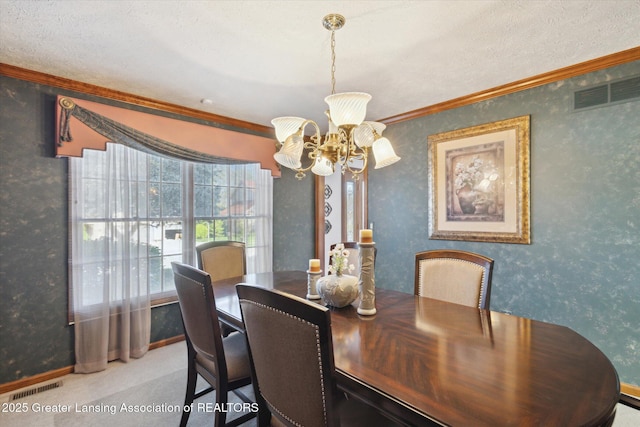900 Oneida Woods Trl, Grand Ledge, MI 48837 - dining room featuring a chandelier, crown molding, baseboards, carpet, and a textured ceiling