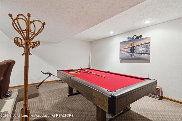 900 Oneida Woods Trl, Grand Ledge, MI 48837 - game room featuring baseboards, carpet floors, pool table, recessed lighting, and a textured ceiling