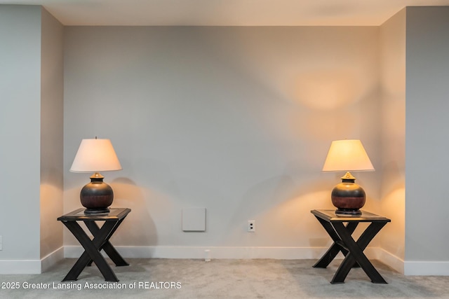 living area with baseboards and carpet flooring