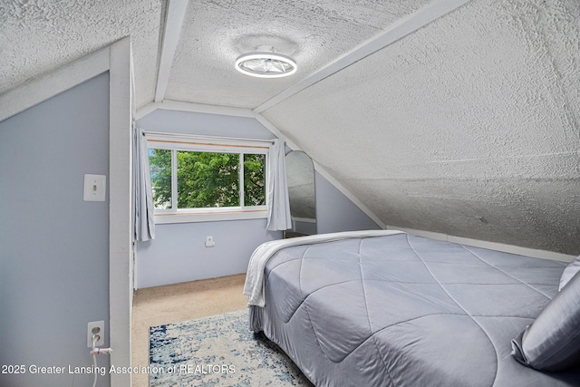 15496 Park Lake Rd, East Lansing, MI 48823 - bedroom featuring a textured ceiling, carpet floors, and lofted ceiling