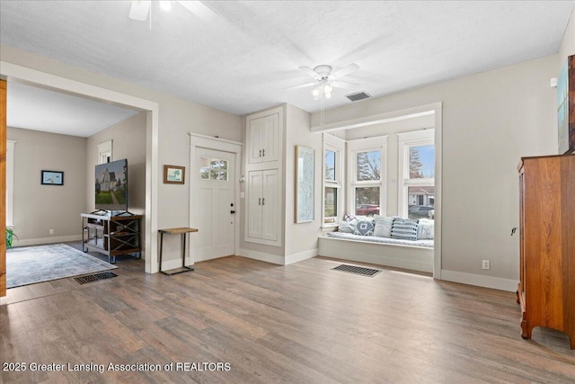 607 Ogemaw St, Grayling, MI 49738 - entrance foyer with ceiling fan, wood finished floors, baseboards, and a textured ceiling