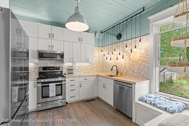 607 Ogemaw St, Grayling, MI 49738 - kitchen with appliances with stainless steel finishes, a sink, light countertops, and tasteful backsplash