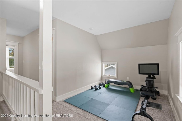 607 Ogemaw St, Grayling, MI 49738 - workout room featuring carpet floors, baseboards, and vaulted ceiling
