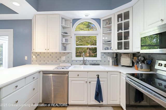 2038 Woodfield Rd, Okemos, MI 48864 - kitchen with appliances with stainless steel finishes, a sink, decorative backsplash, white cabinets, and glass insert cabinets