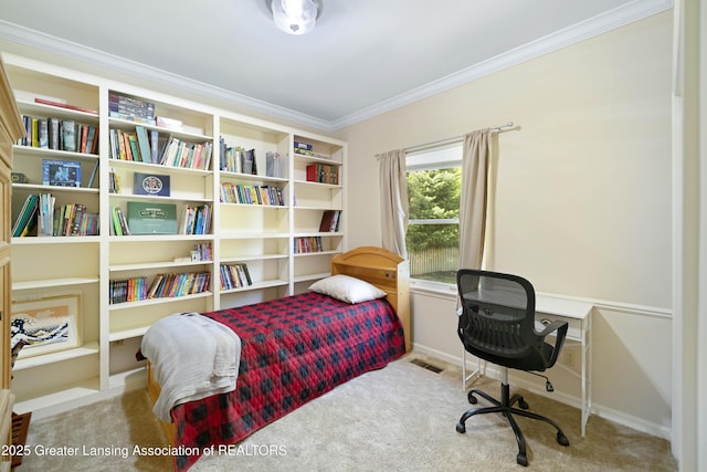 2038 Woodfield Rd, Okemos, MI 48864 - carpeted bedroom with crown molding, an office area, and baseboards