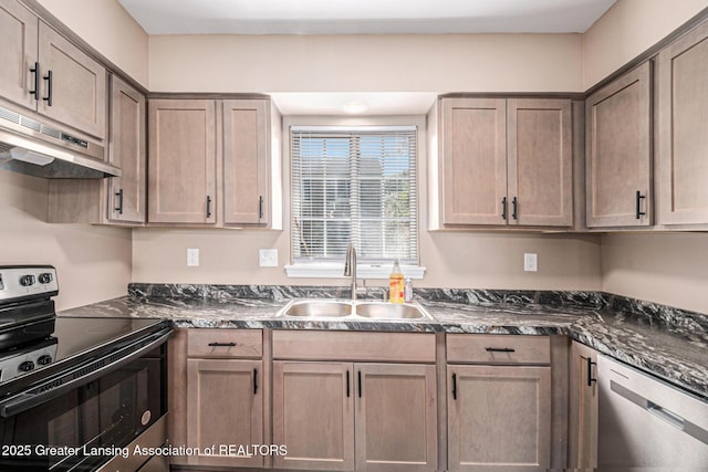 1626 Pepper Tree Ln Unit 13, Lansing, MI 48912 - kitchen with range with electric cooktop, stainless steel dishwasher, a sink, and under cabinet range hood