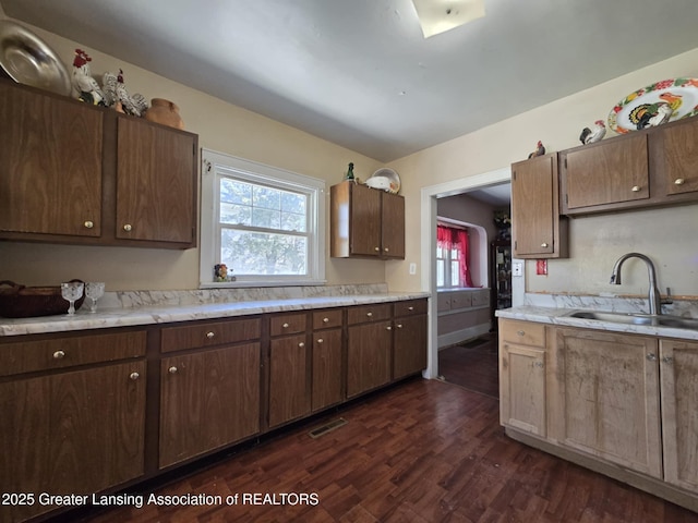 1045 N Larch St, Lansing, MI 48906 - kitchen featuring a sink, dark wood-style floors, light countertops, and dark brown cabinets