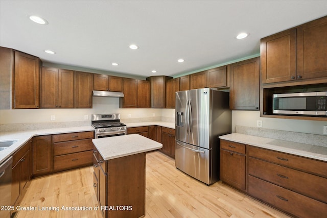 263 E Sherwood Rd, Williamston, MI 48895 - kitchen with appliances with stainless steel finishes, under cabinet range hood, light wood-type flooring, recessed lighting, and a kitchen island