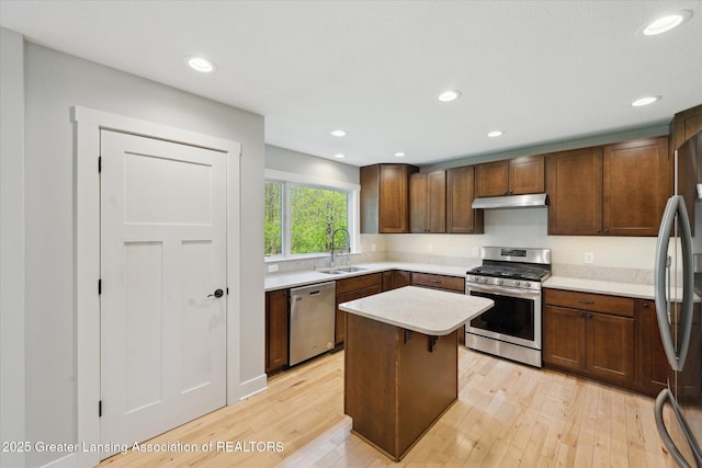 263 E Sherwood Rd, Williamston, MI 48895 - kitchen featuring stainless steel appliances, a sink, under cabinet range hood, light countertops, and light wood-style flooring
