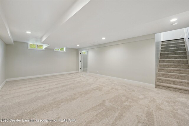263 E Sherwood Rd, Williamston, MI 48895 - below grade area with recessed lighting, stairway, carpet, and baseboards