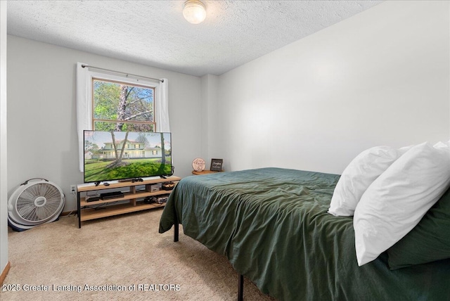 carpeted bedroom with a textured ceiling
