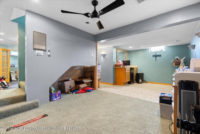 playroom featuring carpet flooring, a ceiling fan, and recessed lighting