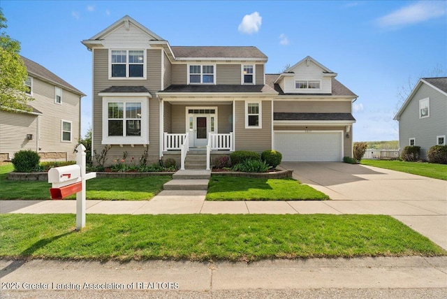 3837 Plover Pl, East Lansing, MI 48823 - view of front facade featuring a porch, concrete driveway, a garage, and a front lawn