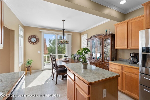 3837 Plover Pl, East Lansing, MI 48823 - kitchen with stainless steel fridge, a kitchen island, healthy amount of natural light, light countertops, and crown molding