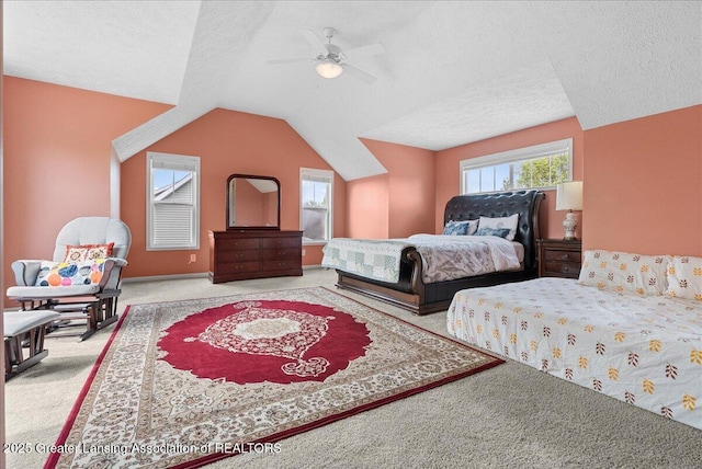 3837 Plover Pl, East Lansing, MI 48823 - bedroom with carpet, lofted ceiling, a textured ceiling, and ceiling fan
