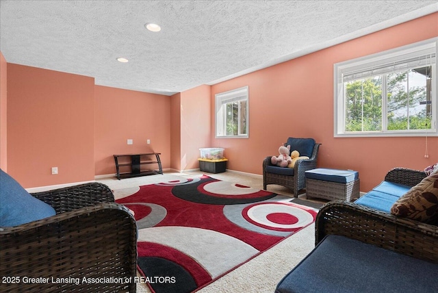 3837 Plover Pl, East Lansing, MI 48823 - carpeted living area with a textured ceiling, recessed lighting, and baseboards