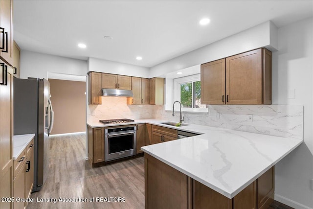 1263 Leeward Dr, Okemos, MI 48864 - kitchen featuring appliances with stainless steel finishes, a sink, under cabinet range hood, wood finished floors, and a peninsula