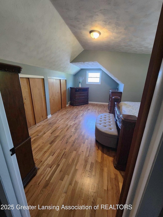 1048 Chris J Dr, Lansing, MI 48917 - bedroom with wood finished floors, a textured ceiling, vaulted ceiling, multiple closets, and baseboards