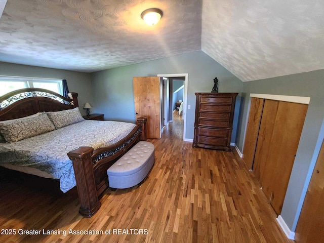 1048 Chris J Dr, Lansing, MI 48917 - bedroom featuring a textured ceiling, wood finished floors, lofted ceiling, and baseboards