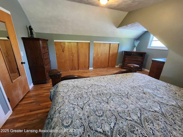 1048 Chris J Dr, Lansing, MI 48917 - bedroom featuring wood finished floors, vaulted ceiling, two closets, and baseboards