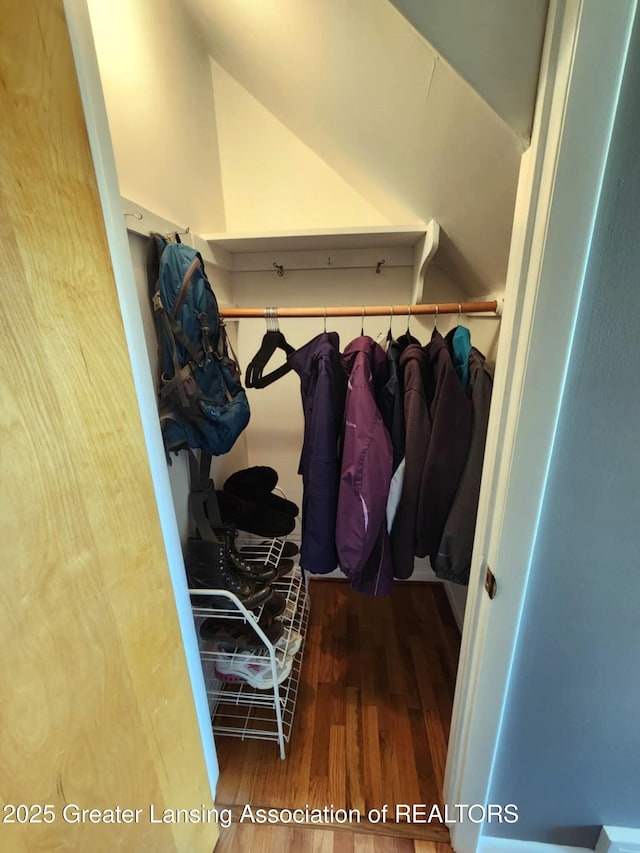 1048 Chris J Dr, Lansing, MI 48917 - walk in closet featuring wood finished floors and vaulted ceiling