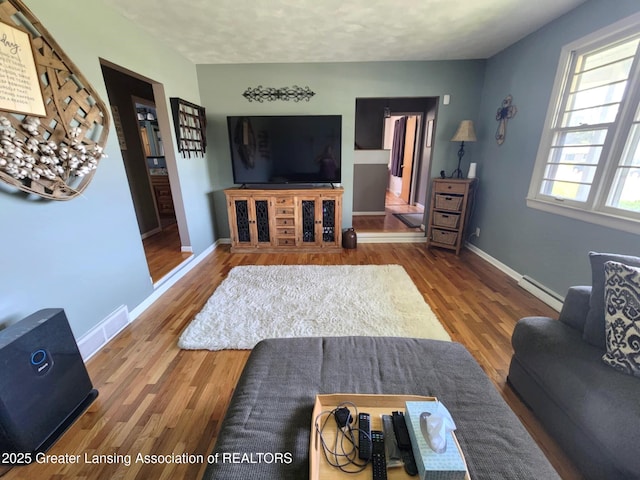 1048 Chris J Dr, Lansing, MI 48917 - living room with wood finished floors, a baseboard radiator, and baseboards