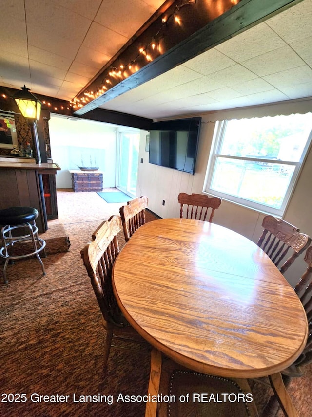 1048 Chris J Dr, Lansing, MI 48917 - dining space featuring carpet flooring, rail lighting, and a bar