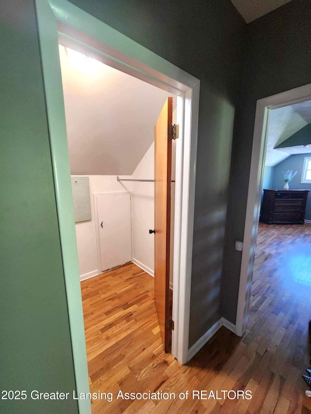 1048 Chris J Dr, Lansing, MI 48917 - corridor featuring wood finished floors, vaulted ceiling, and baseboards