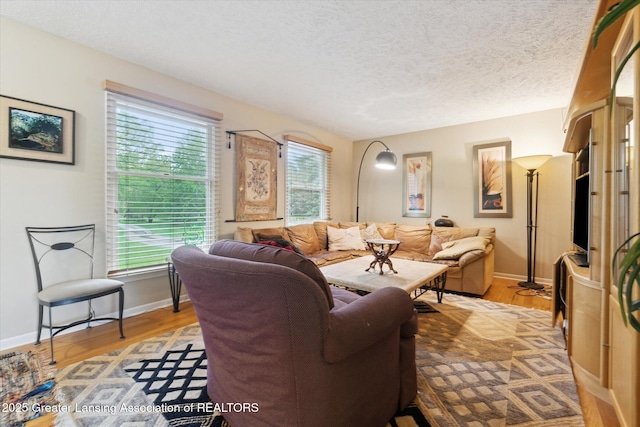 5080 Cornell Rd, Okemos, MI 48864 - living room with healthy amount of natural light, baseboards, a textured ceiling, and light wood-style flooring