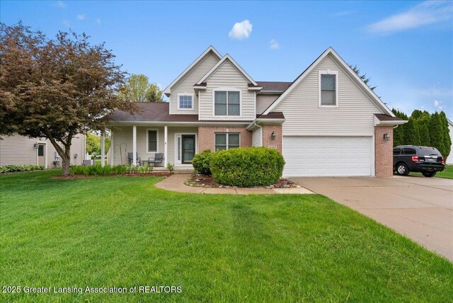 13503 Cottonwood Ct, Dewitt, MI 48820 - traditional-style home with an attached garage, driveway, a front yard, and brick siding