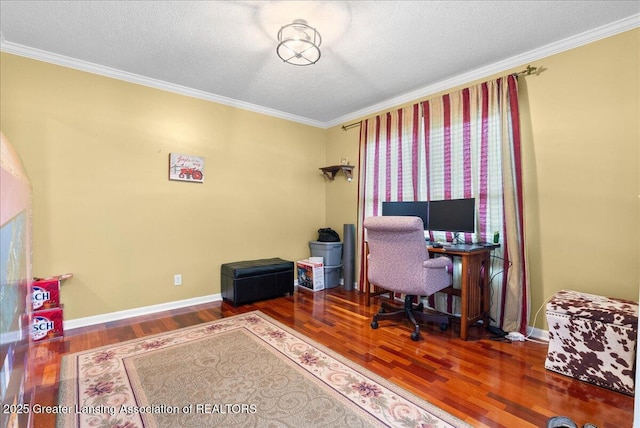 13503 Cottonwood Ct, Dewitt, MI 48820 - office featuring crown molding, a textured ceiling, wood finished floors, and baseboards