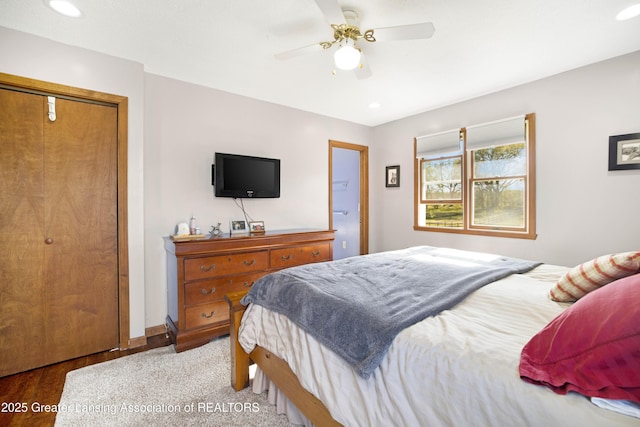 2335 N Concord Rd, Albion, MI 49224 - bedroom with baseboards, recessed lighting, a ceiling fan, and a closet