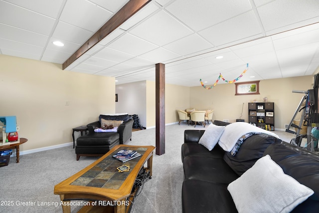 2335 N Concord Rd, Albion, MI 49224 - living room featuring carpet floors, baseboards, a drop ceiling, and recessed lighting