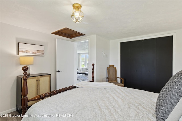 13321 Russell Rd, Lake Odessa, MI 48849 - bedroom featuring attic access, a closet, and baseboards