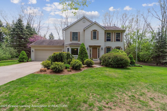 traditional-style home with a garage, concrete driveway, and a front lawn