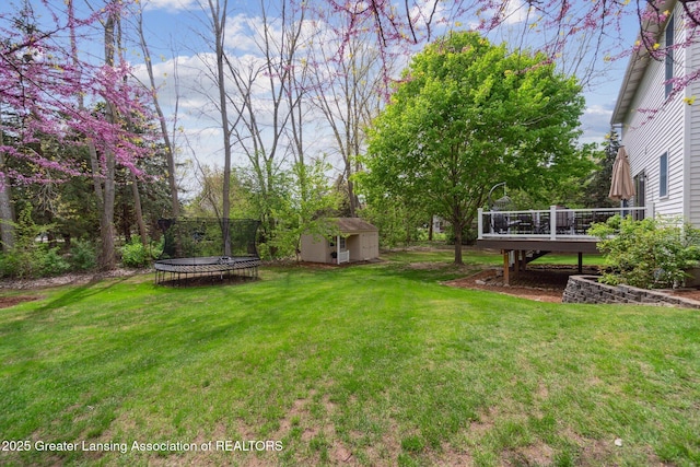 view of green lawn featuring a trampoline, a deck, an outdoor structure, and a storage shed