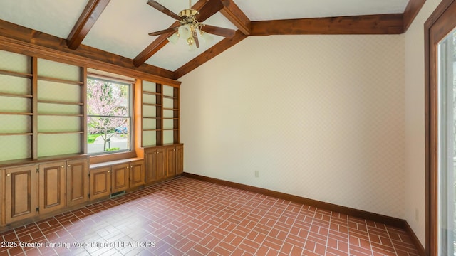 4245 Sandridge Dr, Okemos, MI 48864 - spare room featuring baseboards, brick patterned floors, ceiling fan, and wallpapered walls