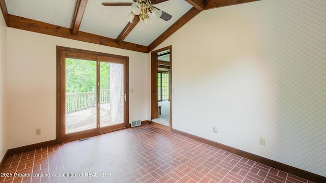 4245 Sandridge Dr, Okemos, MI 48864 - unfurnished room with wallpapered walls, baseboards, brick patterned flooring, and a ceiling fan