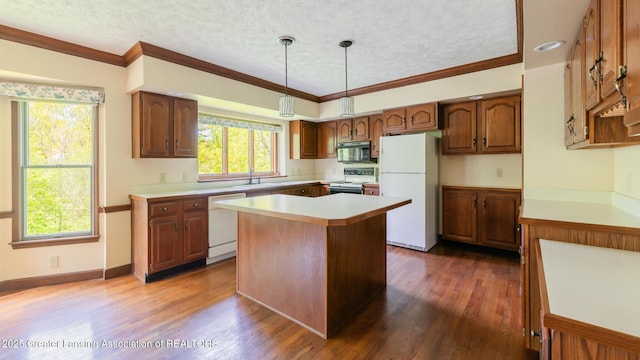 4245 Sandridge Dr, Okemos, MI 48864 - kitchen with white appliances, crown molding, dark wood finished floors, a sink, and light countertops