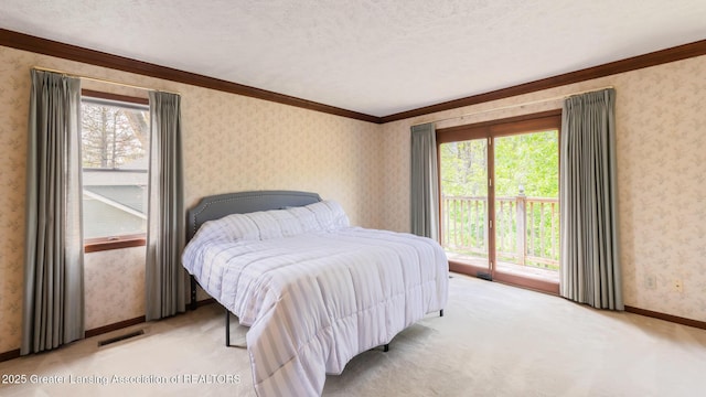 4245 Sandridge Dr, Okemos, MI 48864 - bedroom featuring wallpapered walls, multiple windows, light carpet, access to outside, and ornamental molding
