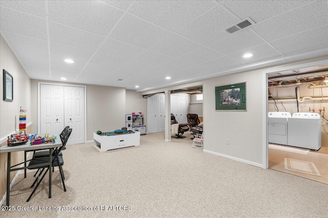 1801 Tahyio Rd, Owosso, MI 48867 - rec room featuring washer and clothes dryer, carpet, a drop ceiling, recessed lighting, and baseboards