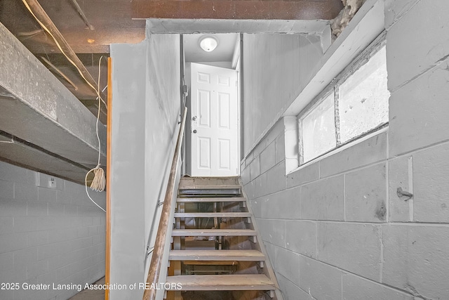 114 Haze St, Lansing, MI 48917 - staircase featuring concrete block wall