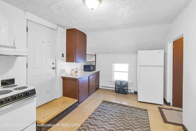 922 Dakin St, Lansing, MI 48912 - kitchen with white appliances, under cabinet range hood, baseboard heating, a textured ceiling, and light countertops