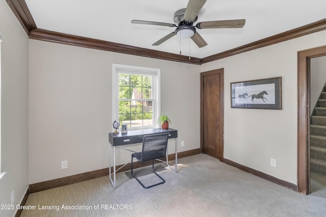 514 W St, Lansing, MI 48915 - home office with crown molding, light carpet, baseboards, and a ceiling fan