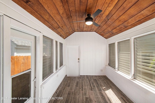 2119 Grant St, Lansing, MI 48910 - unfurnished sunroom with wood ceiling, lofted ceiling, wood finished floors, and wood walls