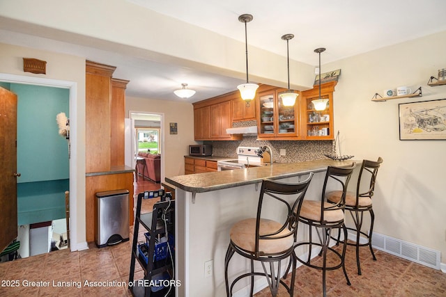 12197 W Greenfield Rd, Lansing, MI 48917 - kitchen featuring electric range, under cabinet range hood, brown cabinetry, backsplash, and a kitchen bar