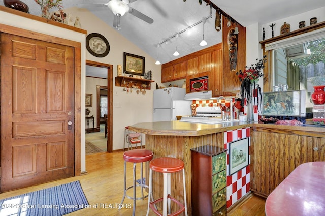 411 Jackson St, Grand Ledge, MI 48837 - kitchen with white appliances, ventilation hood, lofted ceiling, light wood-type flooring, and a ceiling fan