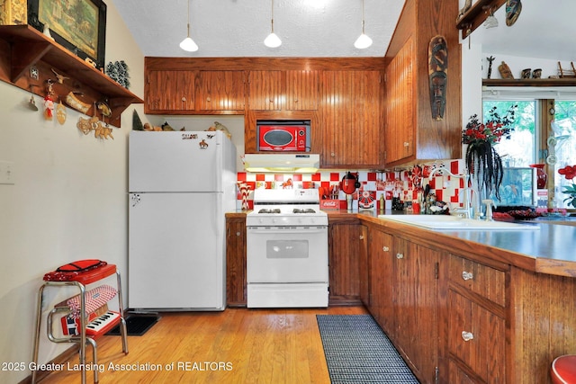 411 Jackson St, Grand Ledge, MI 48837 - kitchen with white appliances, under cabinet range hood, a sink, brown cabinetry, and light wood finished floors