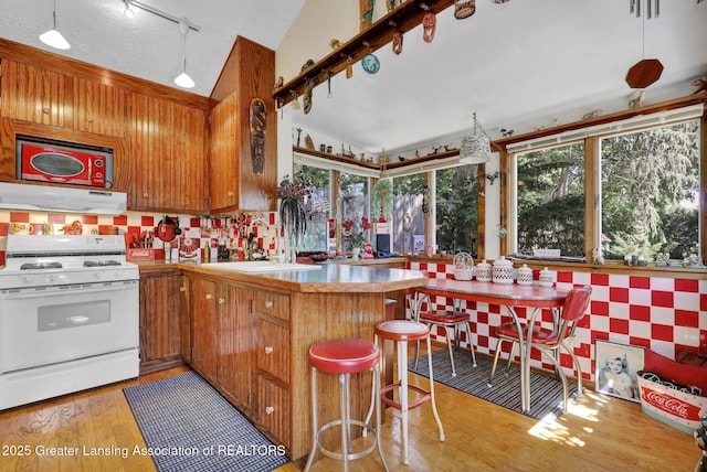 411 Jackson St, Grand Ledge, MI 48837 - kitchen with white range with gas cooktop, a peninsula, under cabinet range hood, track lighting, and light wood finished floors